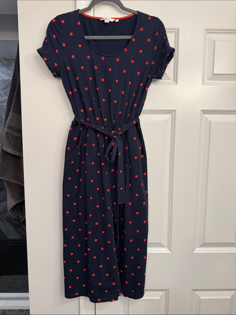 Boden Navy Midi Dress with Red Polka Dots
